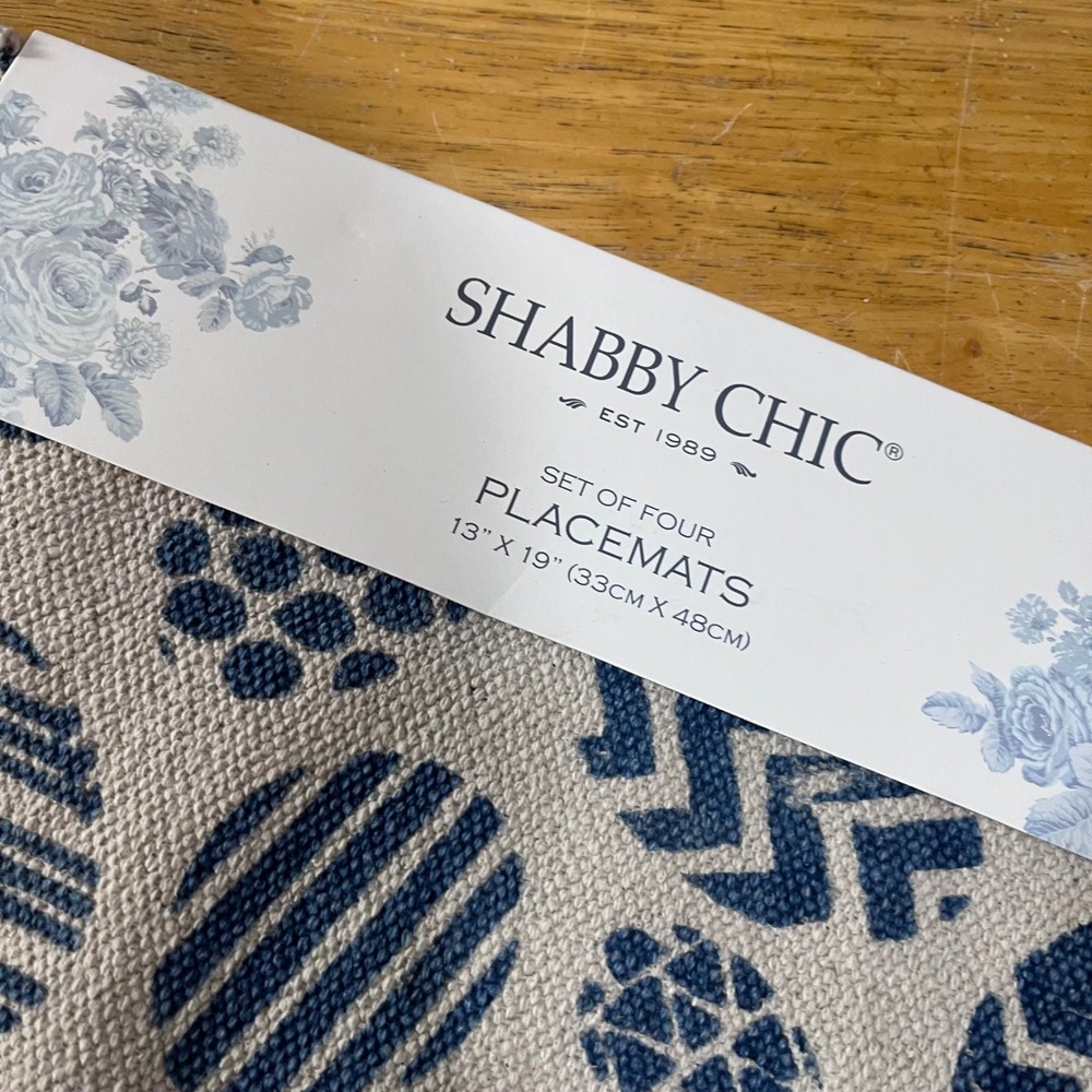 Shabby Chic Set of 4 Placemats Blue Beige Geometric Egg Pattern Farmhouse 13x19 - Picture 2 of 4